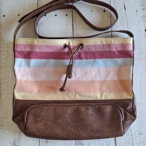 Striped Canvas and Faux Leather Shoulder Bag